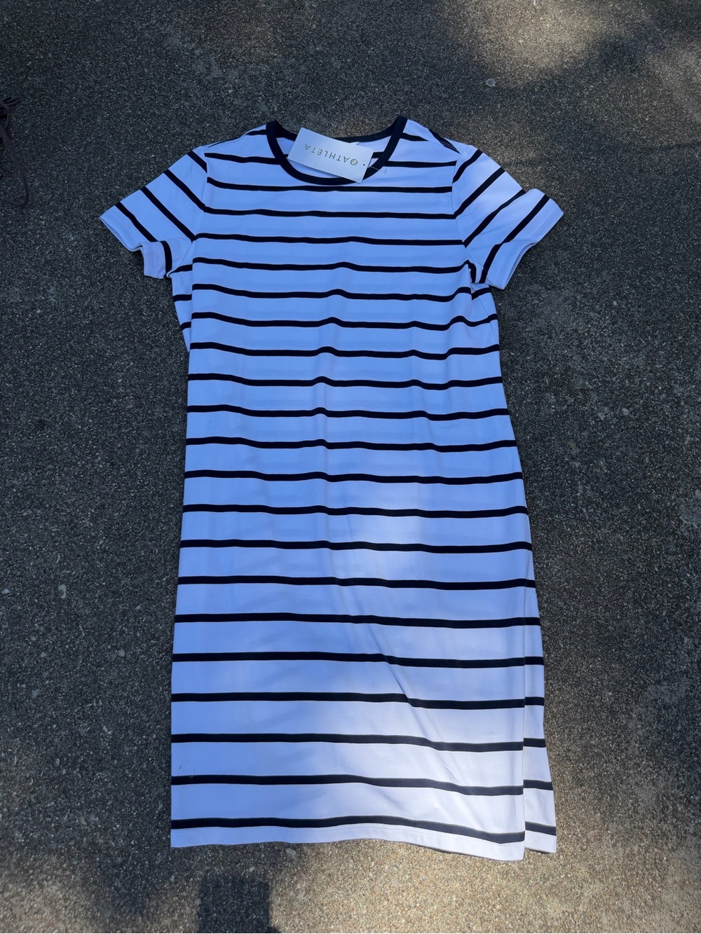 Athleta White Dress with Navy Stripes - Short Sleeve Mini - Picture 2 of 5